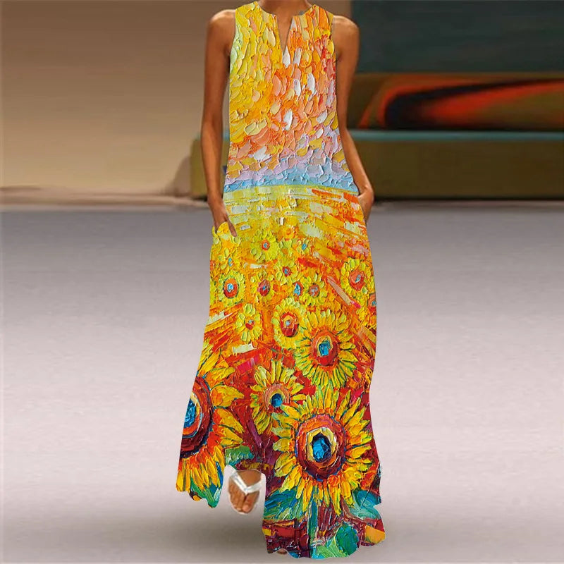 Sexy V-neck Sleeveless Dress For Women Summer Fashion Sundress Retro Print Long Dresses With Pocket Maxi Dress Femme Vestidos