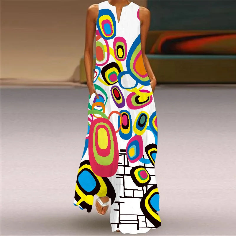 Sexy V-neck Sleeveless Dress For Women Summer Fashion Sundress Retro Print Long Dresses With Pocket Maxi Dress Femme Vestidos