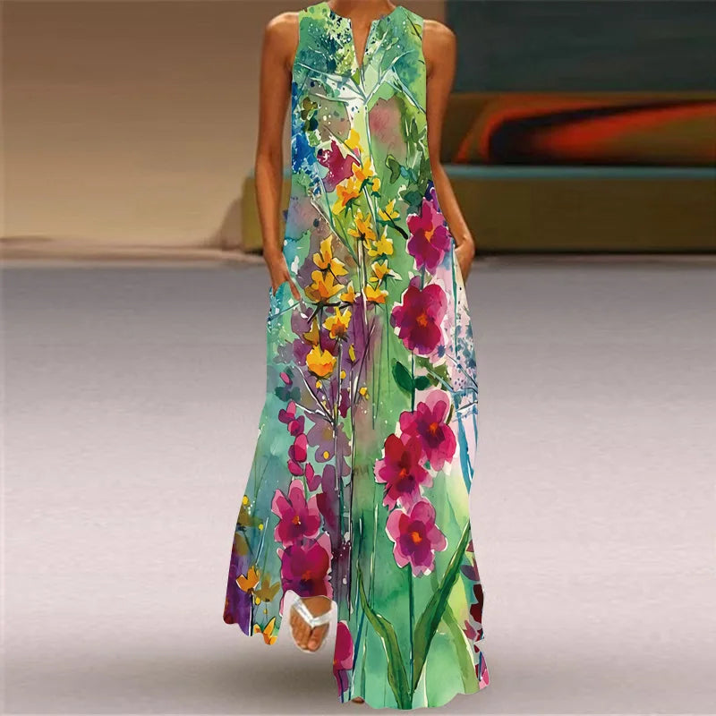 Sexy V-neck Sleeveless Dress For Women Summer Fashion Sundress Retro Print Long Dresses With Pocket Maxi Dress Femme Vestidos