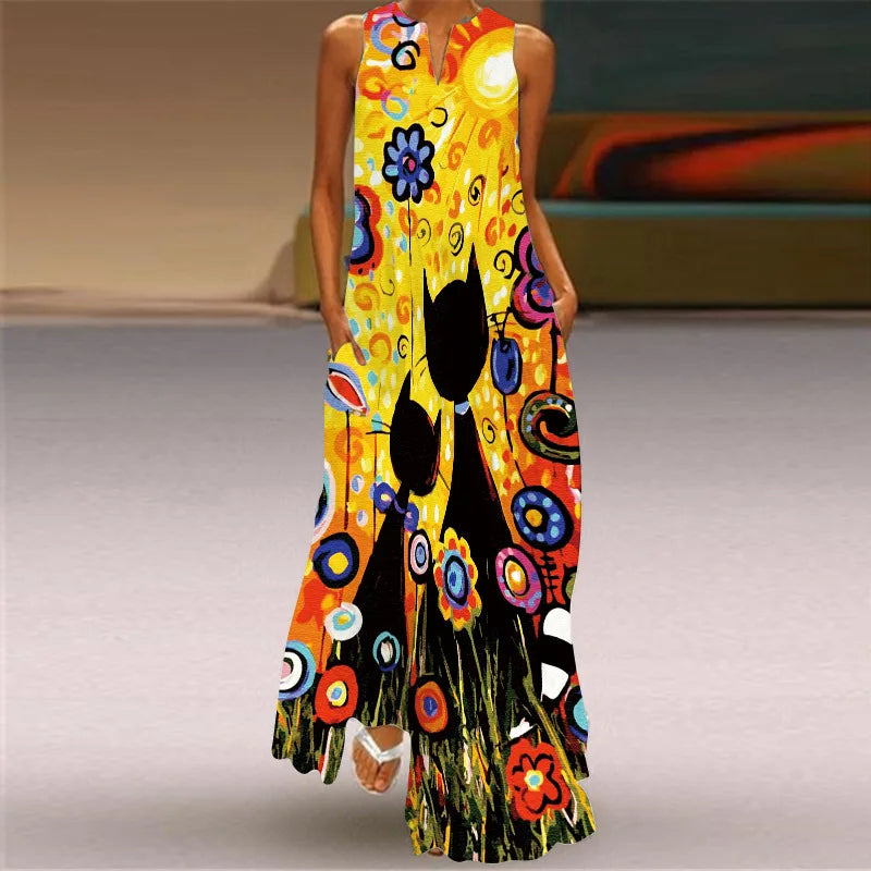 Sexy V-neck Sleeveless Dress For Women Summer Fashion Sundress Retro Print Long Dresses With Pocket Maxi Dress Femme Vestidos