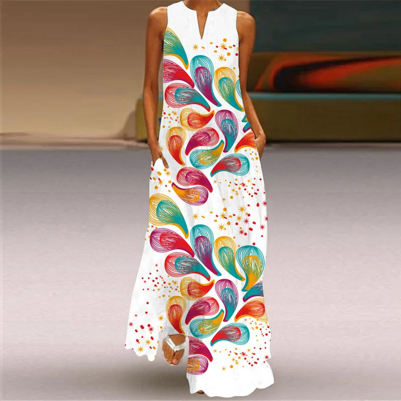 Sexy V-neck Sleeveless Dress For Women Summer Fashion Sundress Retro Print Long Dresses With Pocket Maxi Dress Femme Vestidos
