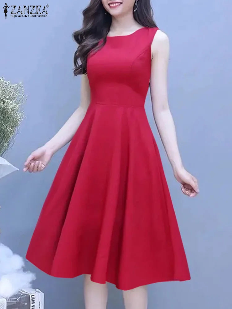ZANZEA Vintage A-line Party Robe Women Sleeveless Basic Dress 2024 Summer Solid Tank Vestidos Elegant Collect Waist Midi Dresses