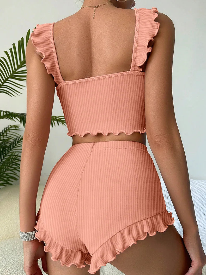 2025 New Women Pajama Set Bow Small Fly Sleeve Straps Crop Top & Elastic Waist Shorts 2 Pieces Female Sleepwear Summer Nightwear
