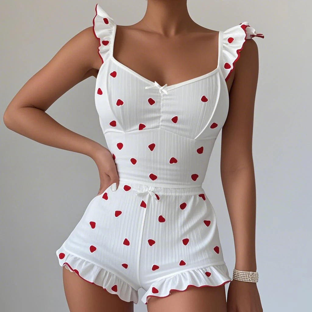 2025 New Women Pajama Set Bow Small Fly Sleeve Straps Crop Top & Elastic Waist Shorts 2 Pieces Female Sleepwear Summer Nightwear