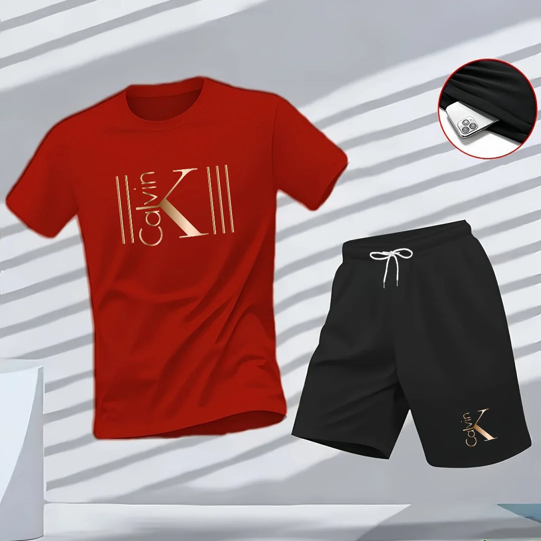 "2025 Men's Breathable sports pattern Printed T-shirt Casual Fashion short-sleeved T-shirt Summer streetwear top Two-piece set.