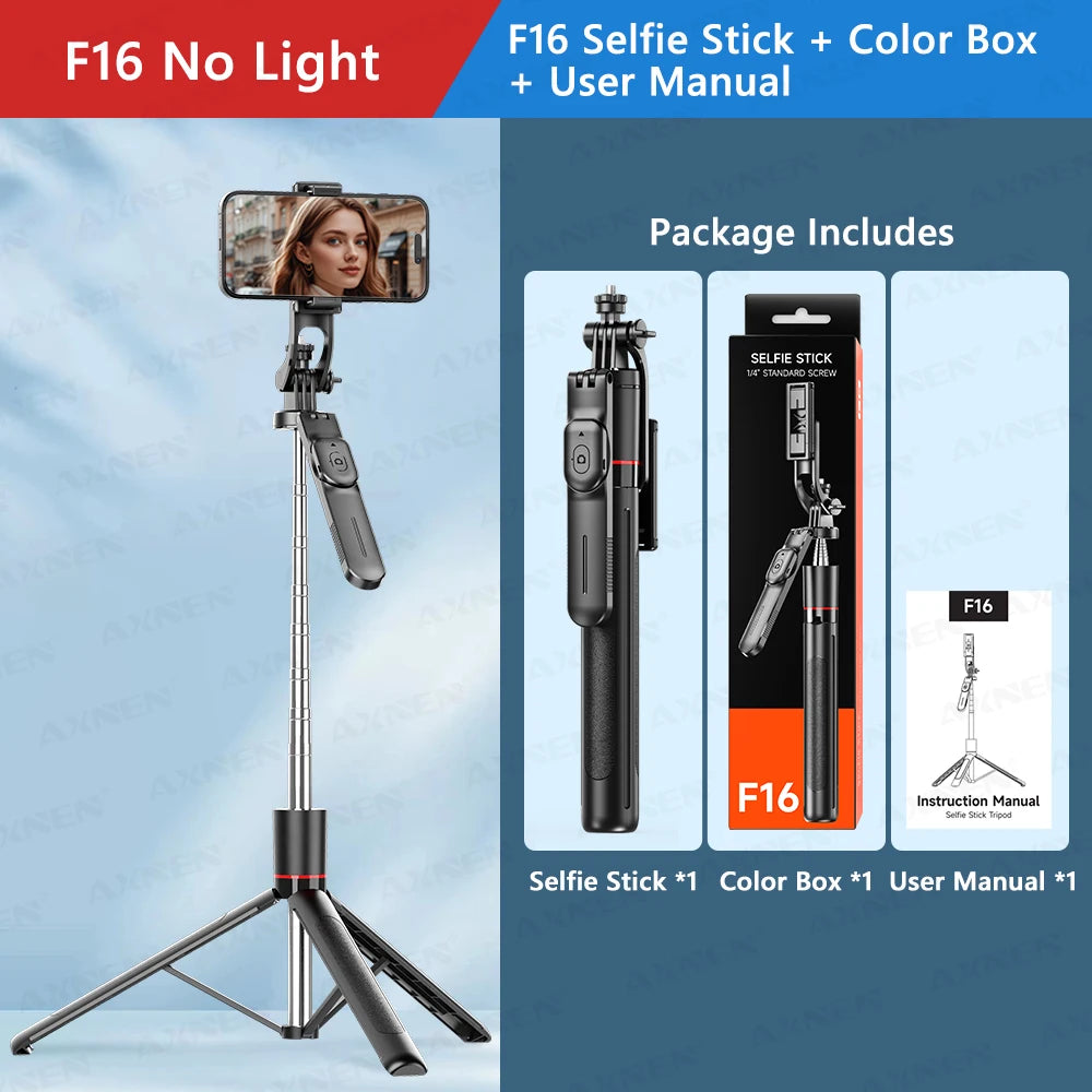 F16 Selfie Stick Tripod with 1708mm Long 8-Section Pole, Bluetooth Remote, 360° Rotation, 1/4 Interface, for Phone Camera Vlog