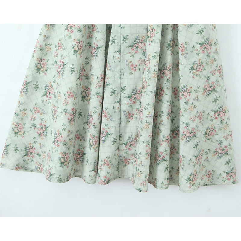 YENKYE Green Floral Print Sexy Spaghetti Straps Dress Women Low Waist A-line Midi Holiday Summer Dresses Party Robe 2025 Vestido