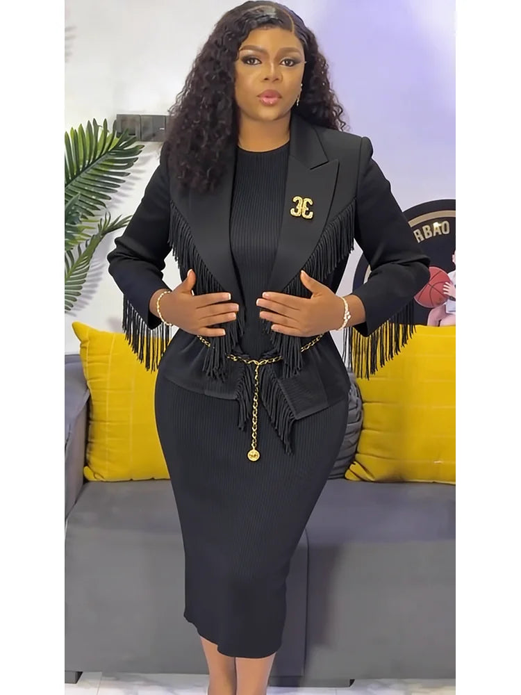 EGRM Fashion Solid Color Pleated Two-piece Set Women's Tassel Lapel Jacket and Casual Round Neck Vest Dresses 2026 New 9R5101