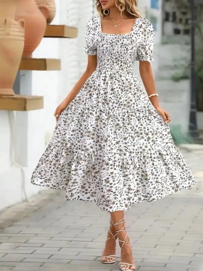 2025 New Women's Printed Dress Square Collar Bubble Sleeve Empire Waist Midi Dress Short Sleeve Cross-Border Independent Station