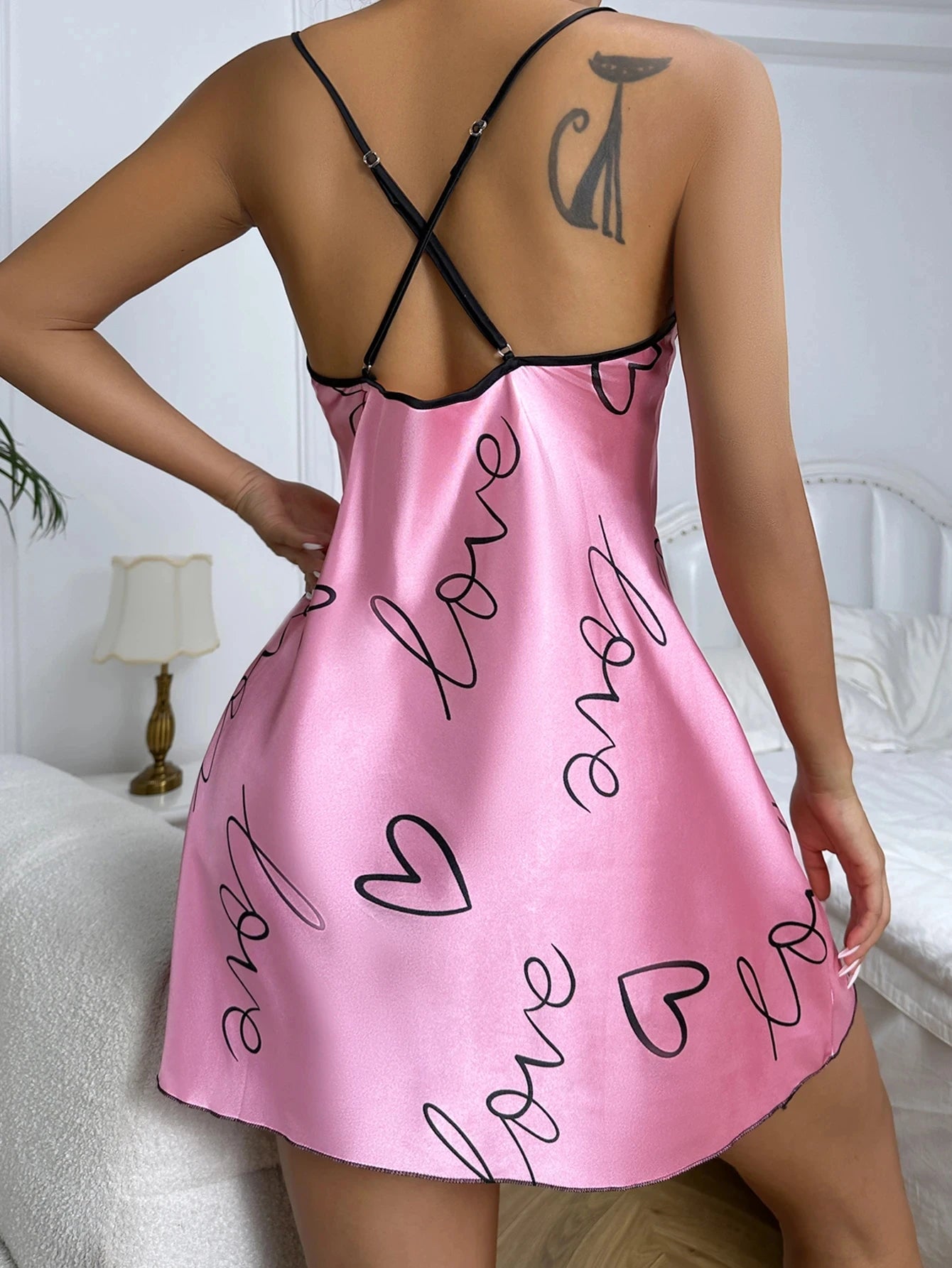 Heart Print Nightdress Elegant Scoop Neck Criss Cross Back Sleep Dress Women's Sleepwear