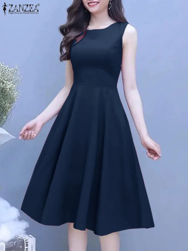 ZANZEA Vintage A-line Party Robe Women Sleeveless Basic Dress 2024 Summer Solid Tank Vestidos Elegant Collect Waist Midi Dresses