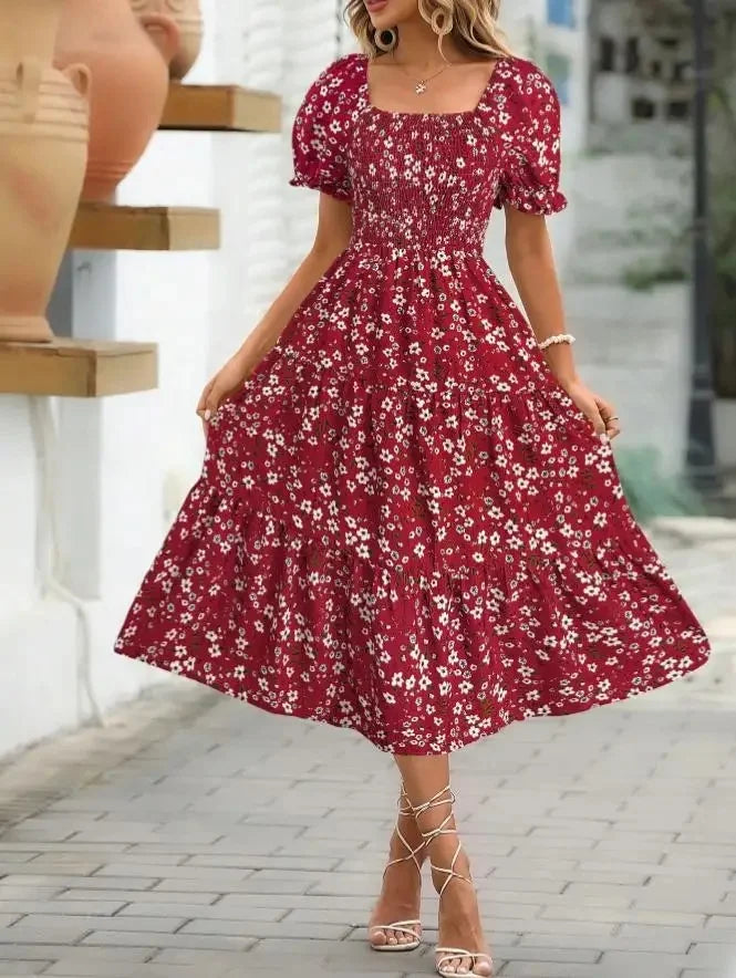 2025 New Women's Printed Dress Square Collar Bubble Sleeve Empire Waist Midi Dress Short Sleeve Cross-Border Independent Station