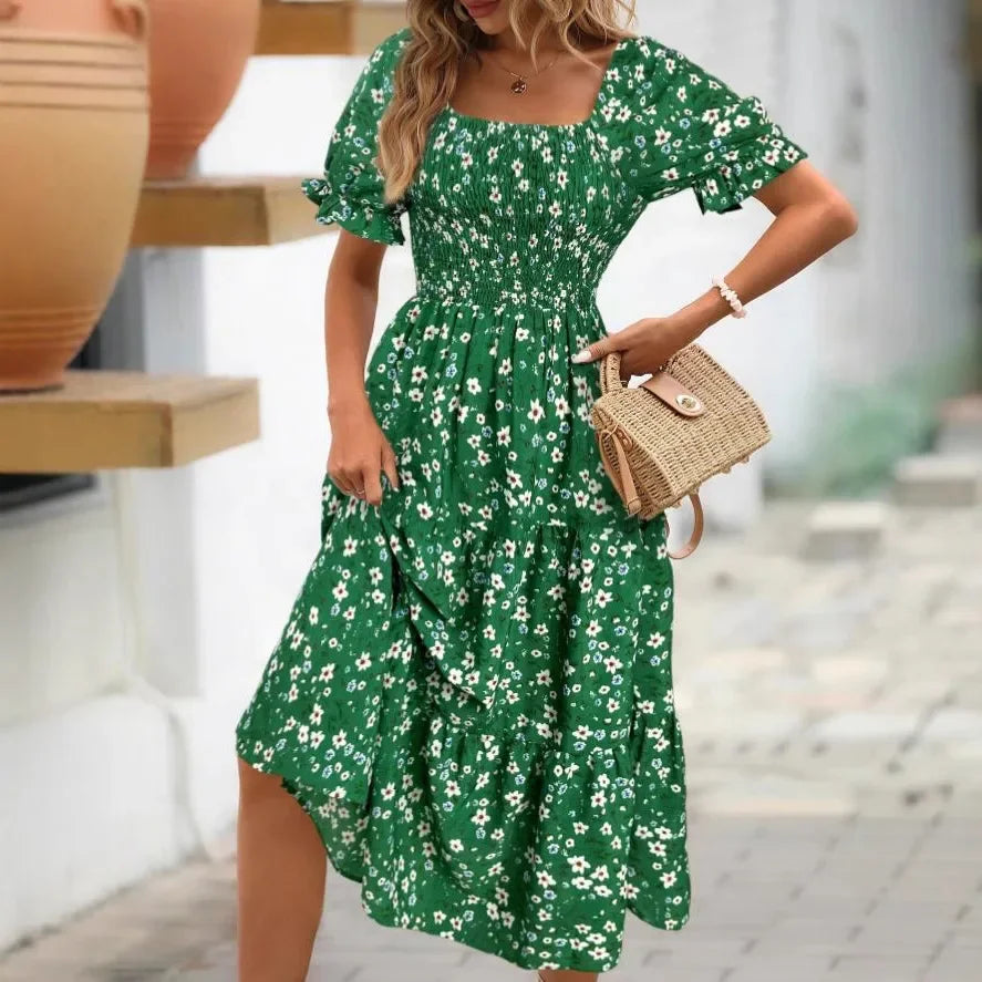 2025 New Women's Printed Dress Square Collar Bubble Sleeve Empire Waist Midi Dress Short Sleeve Cross-Border Independent Station