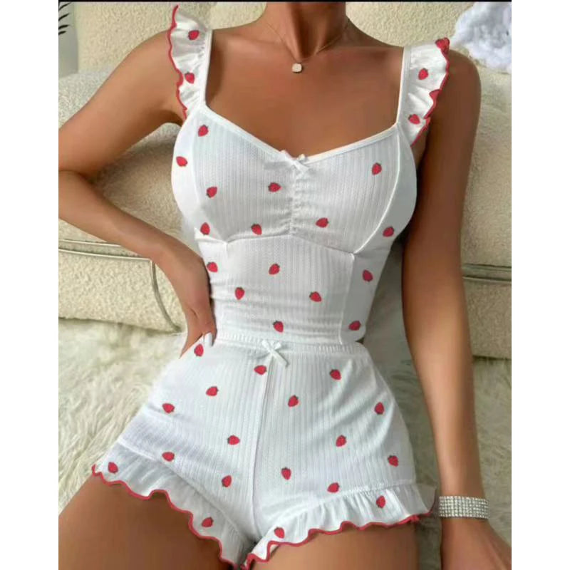 2025 New Women Pajama Set Bow Small Fly Sleeve Straps Crop Top & Elastic Waist Shorts 2 Pieces Female Sleepwear Summer Nightwear