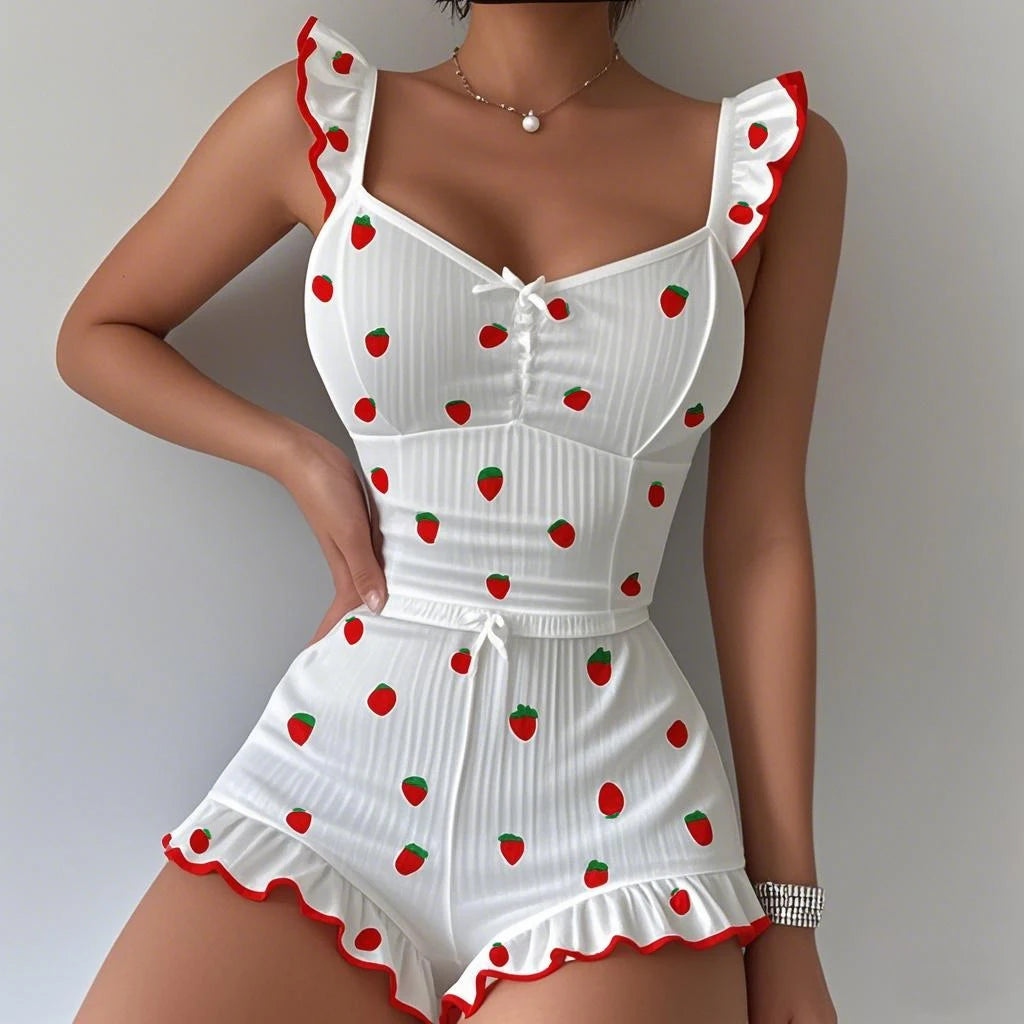 2025 New Women Pajama Set Bow Small Fly Sleeve Straps Crop Top & Elastic Waist Shorts 2 Pieces Female Sleepwear Summer Nightwear