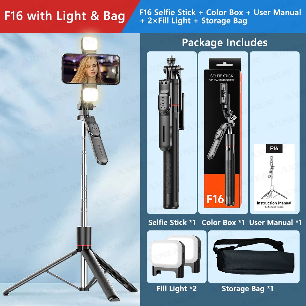 F16 Selfie Stick Tripod with 1708mm Long 8-Section Pole, Bluetooth Remote, 360° Rotation, 1/4 Interface, for Phone Camera Vlog