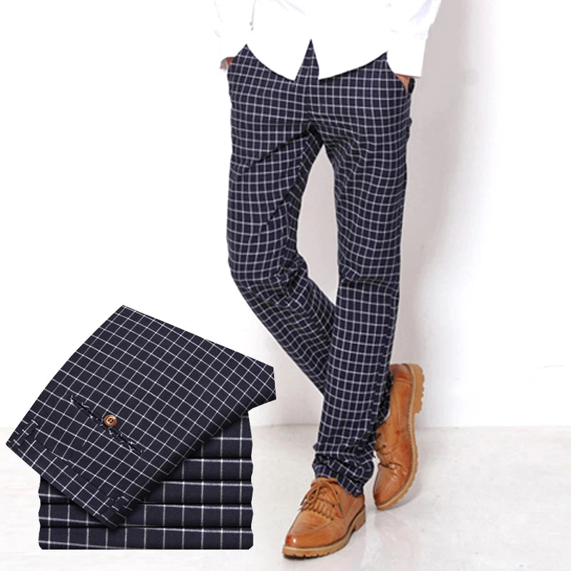 Summer dress pants for men Cotton Casual cargo Pants Man Straight Loose Suit pants Plaid Trousers Male Big size Brand Clothes