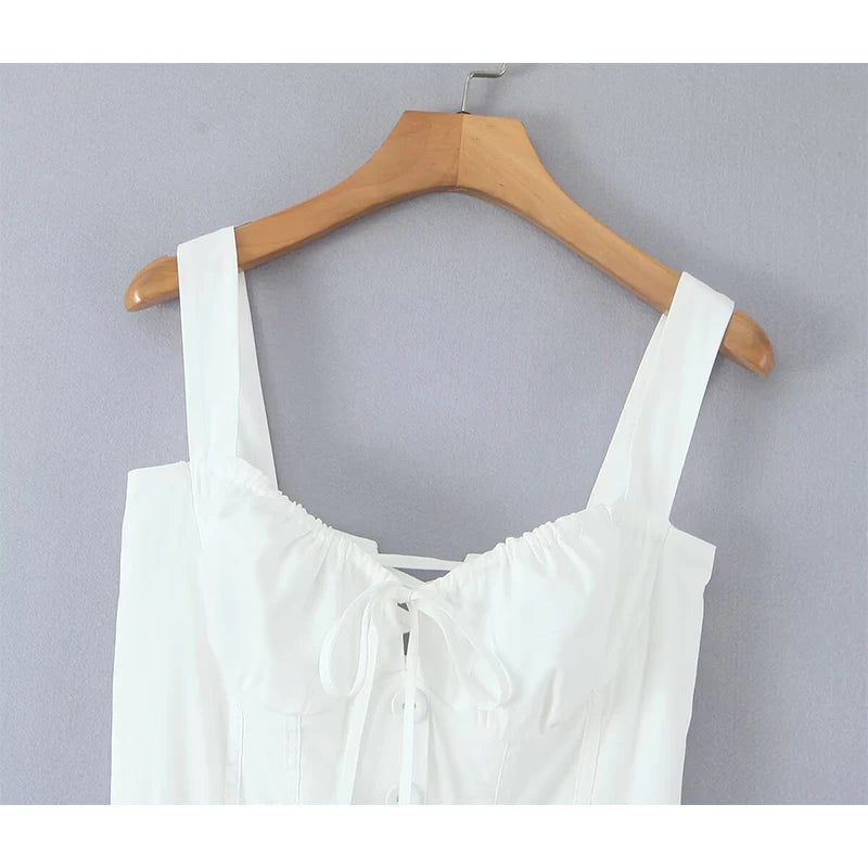 YENKYE Sexy Lace Up Bandage Back Elegant White Sling Dress Women Front Button A-line Cotton Corset Style Summer Dress Midi Robe