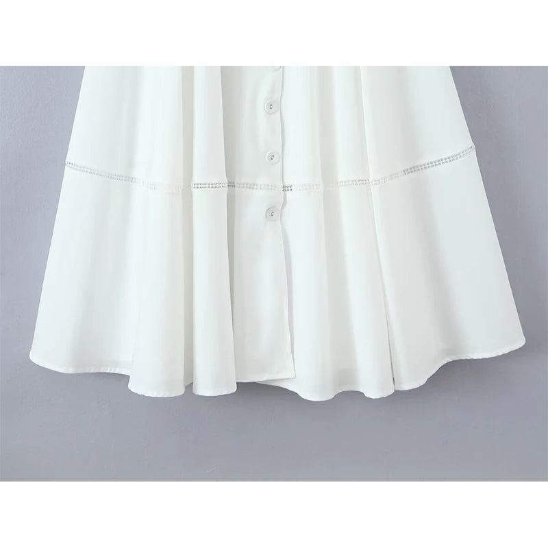 YENKYE Sexy Lace Up Bandage Back Elegant White Sling Dress Women Front Button A-line Cotton Corset Style Summer Dress Midi Robe